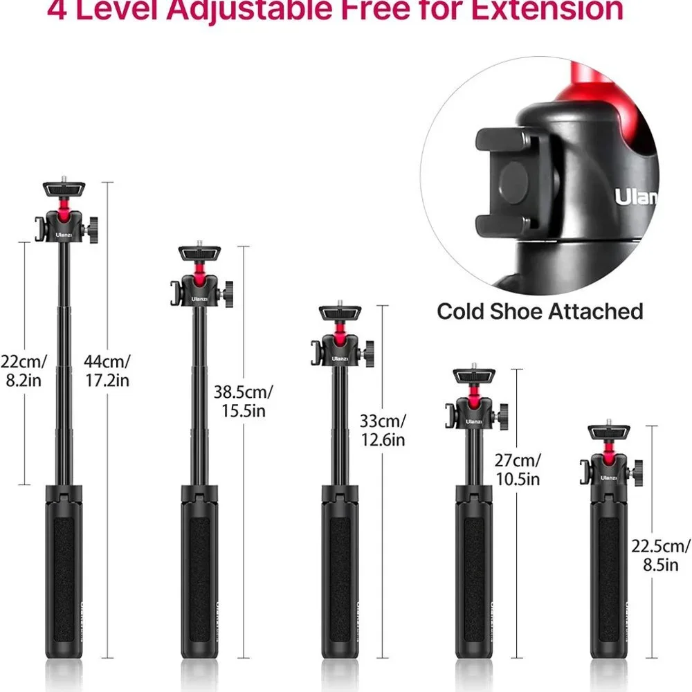 MT-16 Extendable Mini Camera Tripod, 4 Level Adjustment 360° Ball Head Cold Shoe